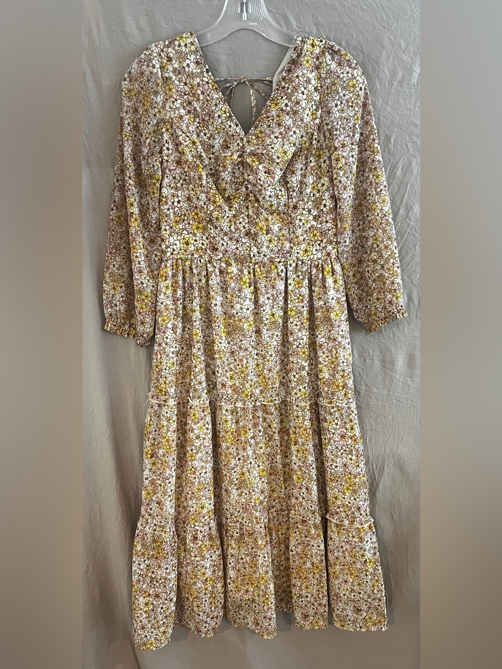 Sincerly Jules Floral Tiered Long Sleeve Dress in Yellow and Cream